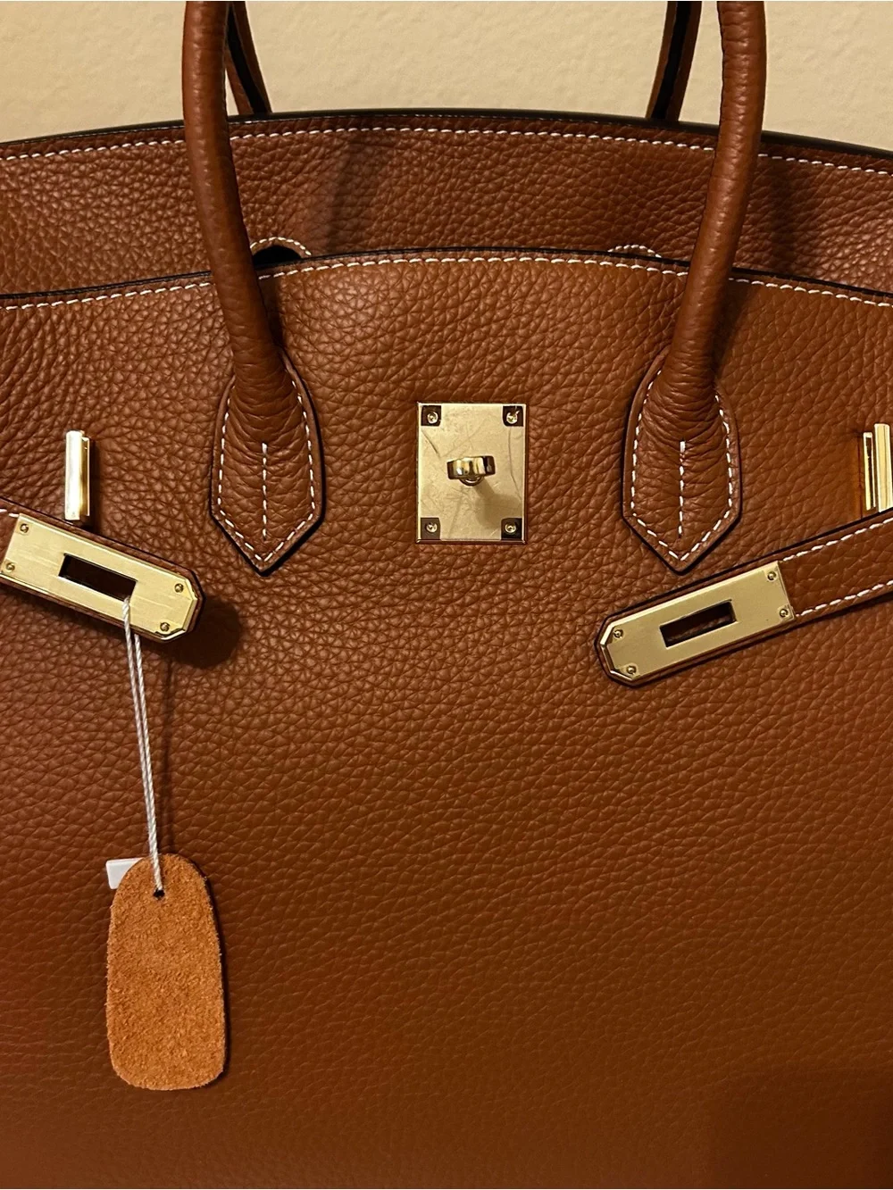 35cm Gold on Brown Top Handle Leather Satchel BK Style